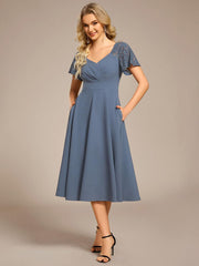Trendy Short Sleeves A-Line V-Neck Wedding Guest Dress with Pockets