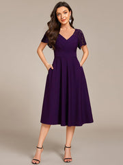 Trendy Short Sleeves A-Line V-Neck Wedding Guest Dress with Pockets