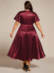 Dignified V-Neck Hi-Lo A-Line Satin Wedding Guest Dress with Pockets
