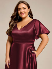 Dignified V-Neck Hi-Lo A-Line Satin Wedding Guest Dress with Pockets