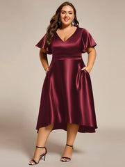 Dignified V-Neck Hi-Lo A-Line Satin Wedding Guest Dress with Pockets