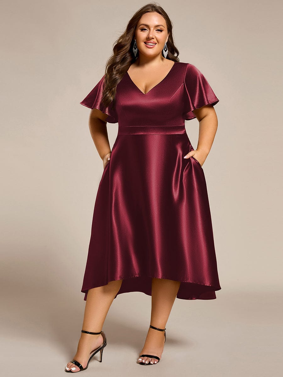 Dignified V-Neck Hi-Lo A-Line Satin Wedding Guest Dress with Pockets