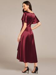 Dignified V-Neck Hi-Lo A-Line Satin Wedding Guest Dress with Pockets