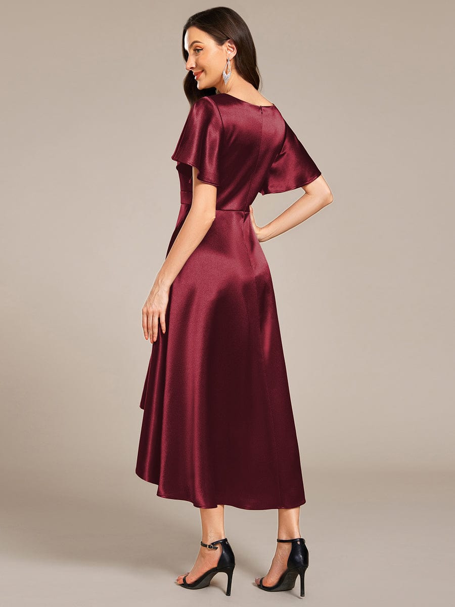 Dignified V-Neck Hi-Lo A-Line Satin Wedding Guest Dress with Pockets