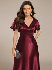Dignified V-Neck Hi-Lo A-Line Satin Wedding Guest Dress with Pockets