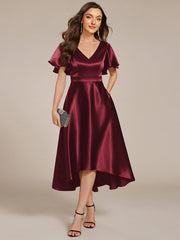 Dignified V-Neck Hi-Lo A-Line Satin Wedding Guest Dress with Pockets