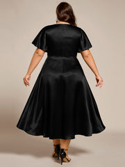Dignified V-Neck Hi-Lo A-Line Satin Wedding Guest Dress with Pockets