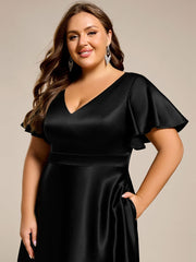 Dignified V-Neck Hi-Lo A-Line Satin Wedding Guest Dress with Pockets