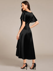 Dignified V-Neck Hi-Lo A-Line Satin Wedding Guest Dress with Pockets