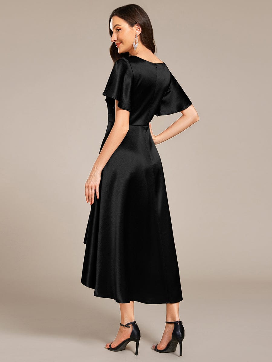 Dignified V-Neck Hi-Lo A-Line Satin Wedding Guest Dress with Pockets