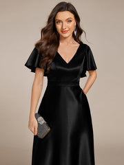 Dignified V-Neck Hi-Lo A-Line Satin Wedding Guest Dress with Pockets