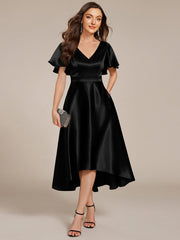 Dignified V-Neck Hi-Lo A-Line Satin Wedding Guest Dress with Pockets