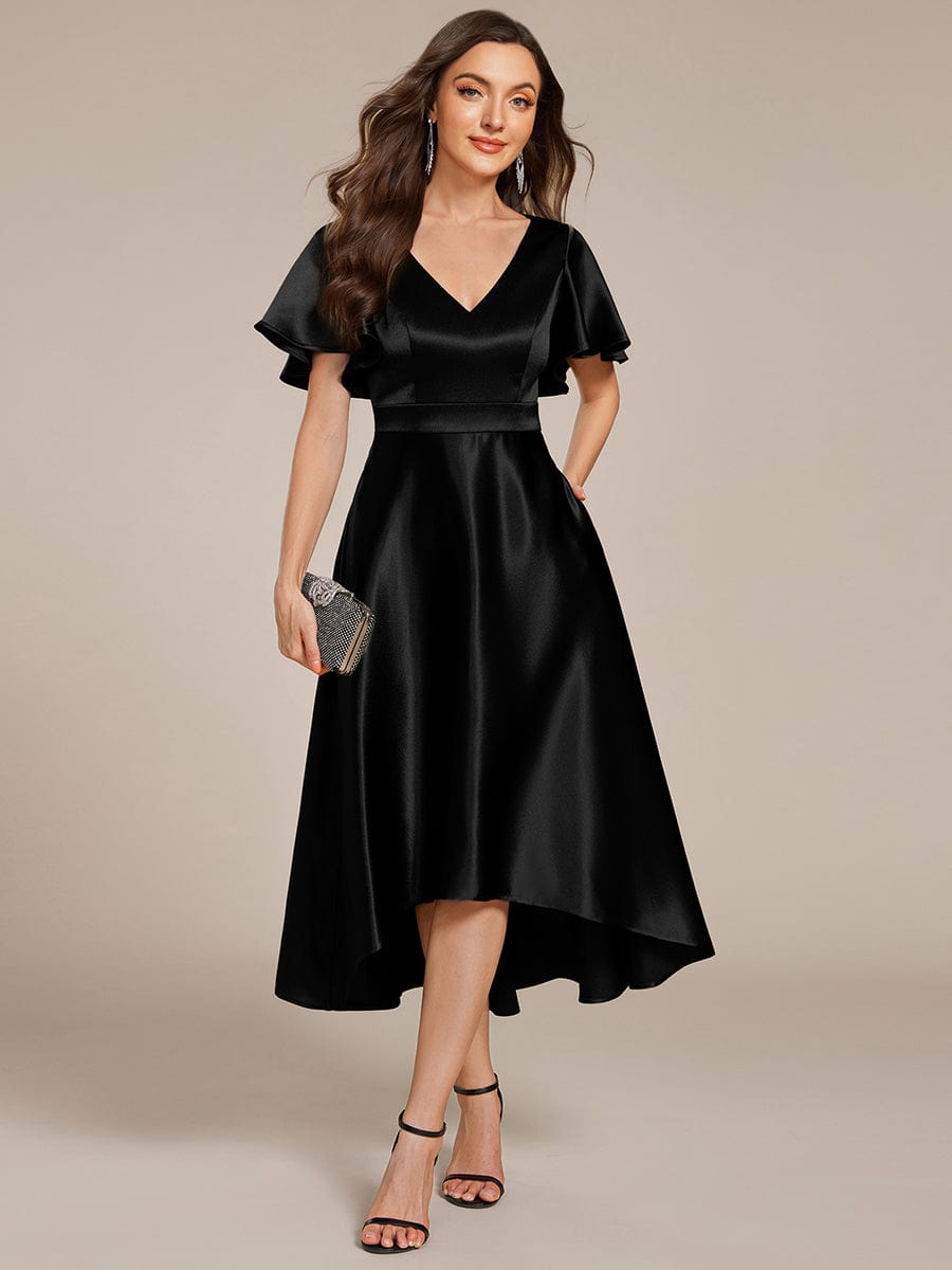 Dignified V-Neck Hi-Lo A-Line Satin Wedding Guest Dress with Pockets