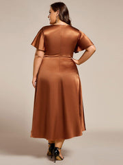 Decent Plus Size A-Line V-Neck Satin Wedding Guest Dress with Pockets