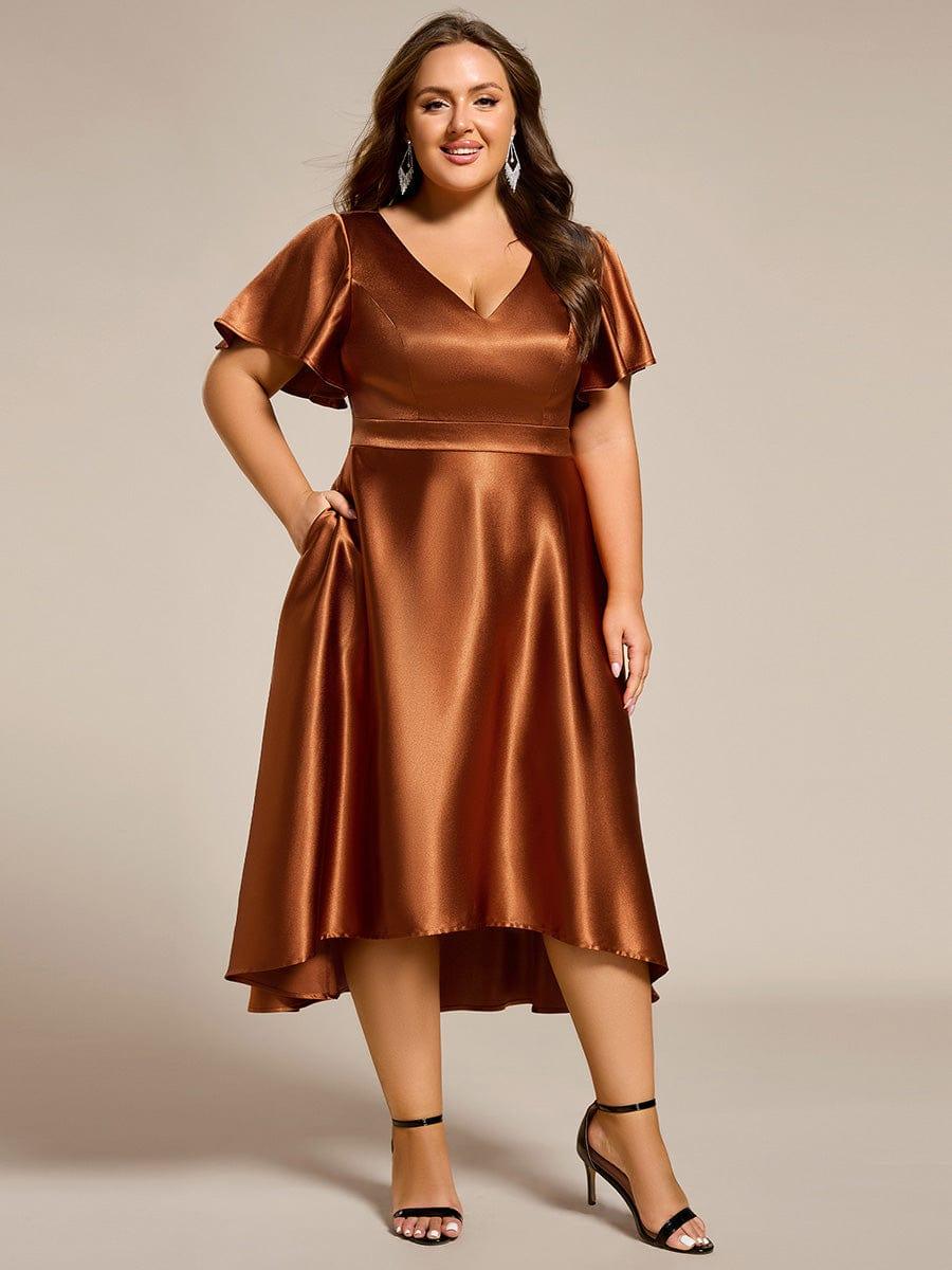 Decent Plus Size A-Line V-Neck Satin Wedding Guest Dress with Pockets