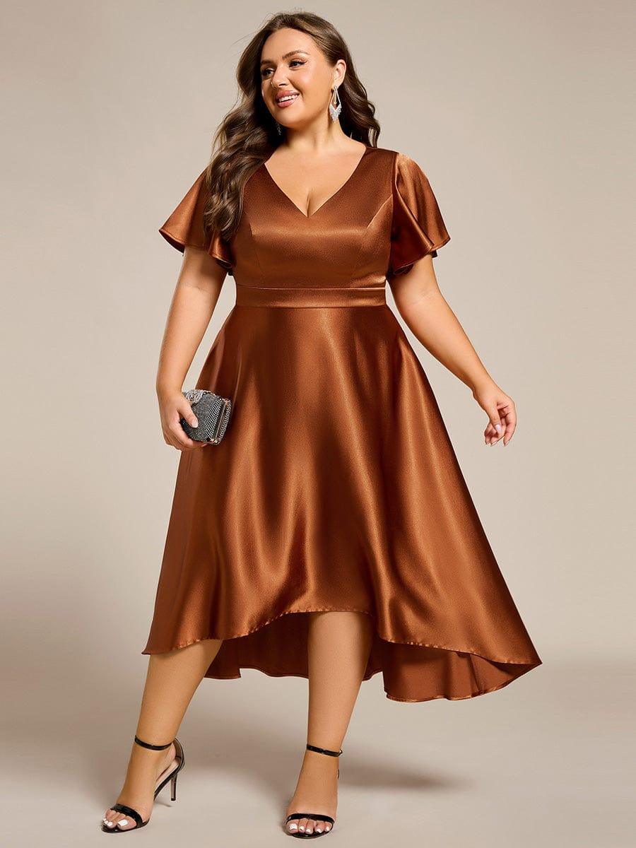 Decent Plus Size A-Line V-Neck Satin Wedding Guest Dress with Pockets