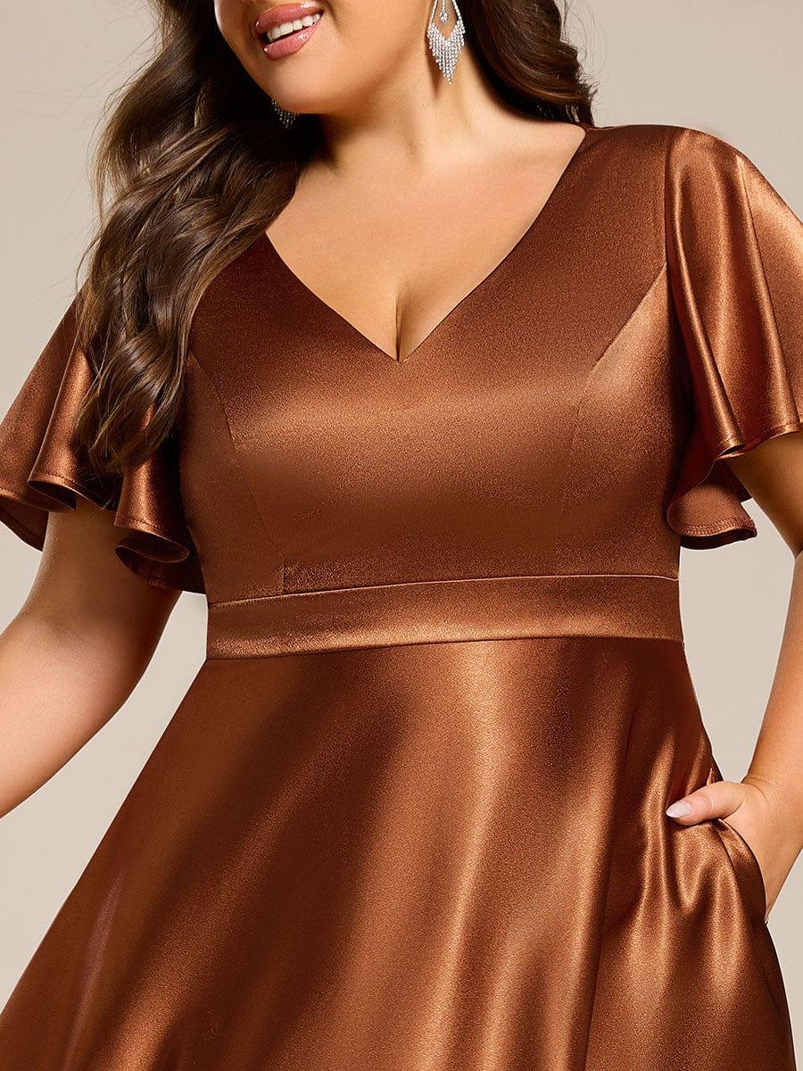 Decent Plus Size A-Line V-Neck Satin Wedding Guest Dress with Pockets