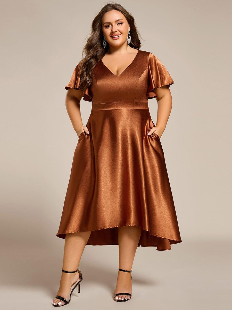 Decent Plus Size A-Line V-Neck Satin Wedding Guest Dress with Pockets