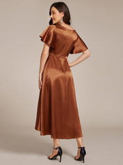 Dignified V-Neck Hi-Lo A-Line Satin Wedding Guest Dress with Pockets