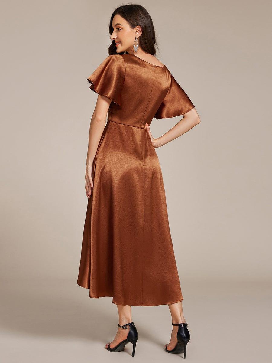 Dignified V-Neck Hi-Lo A-Line Satin Wedding Guest Dress with Pockets
