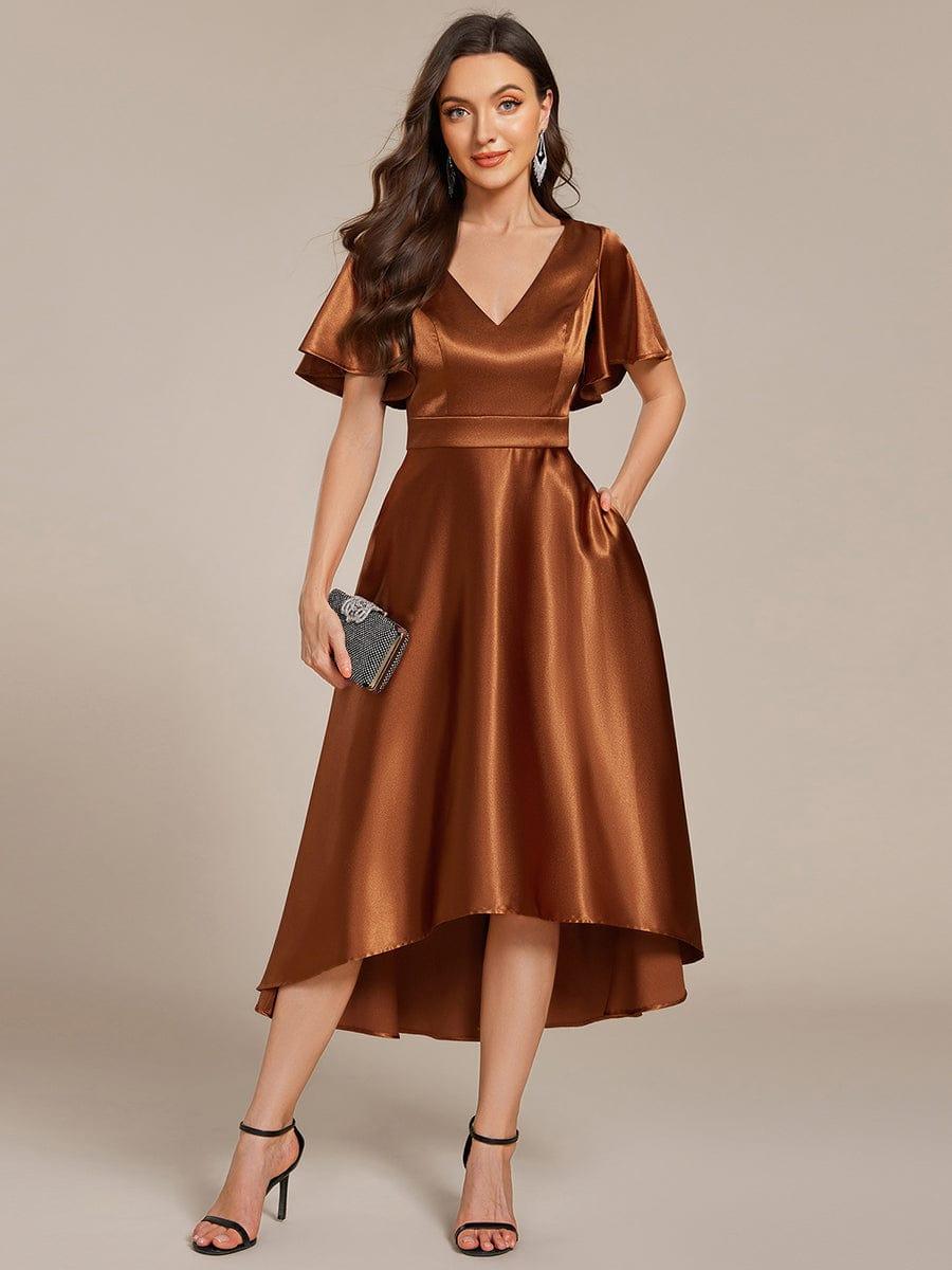 Dignified V-Neck Hi-Lo A-Line Satin Wedding Guest Dress with Pockets