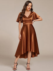 Dignified V-Neck Hi-Lo A-Line Satin Wedding Guest Dress with Pockets