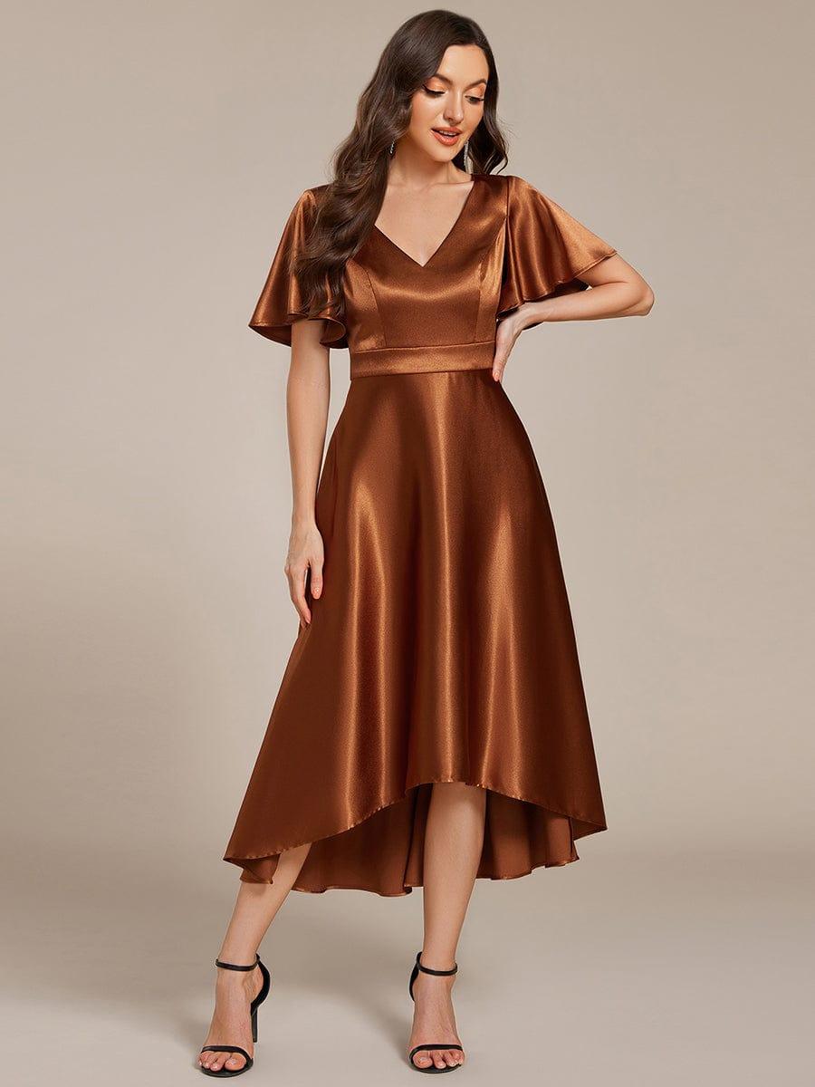 Dignified V-Neck Hi-Lo A-Line Satin Wedding Guest Dress with Pockets