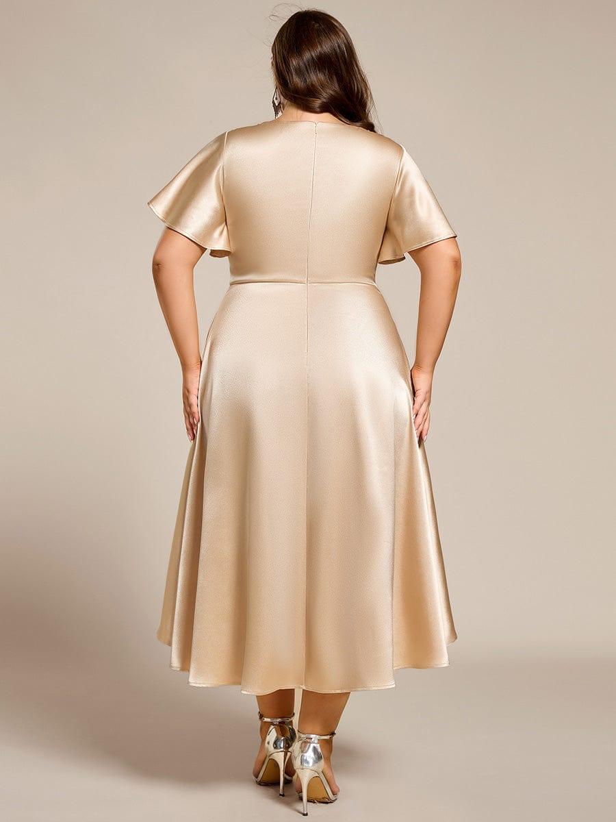 Decent Plus Size A-Line V-Neck Satin Wedding Guest Dress with Pockets