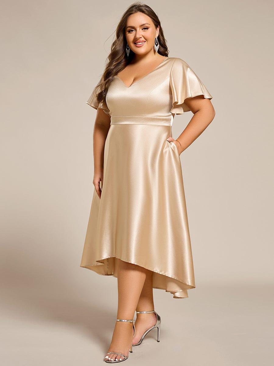 Decent Plus Size A-Line V-Neck Satin Wedding Guest Dress with Pockets