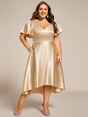 Dignified V-Neck Hi-Lo A-Line Satin Wedding Guest Dress with Pockets