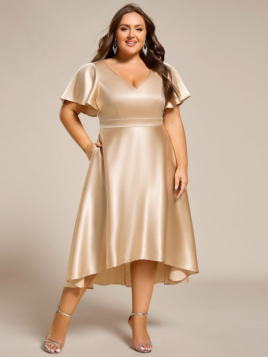 Decent Plus Size A-Line V-Neck Satin Wedding Guest Dress with Pockets