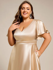 Decent Plus Size A-Line V-Neck Satin Wedding Guest Dress with Pockets