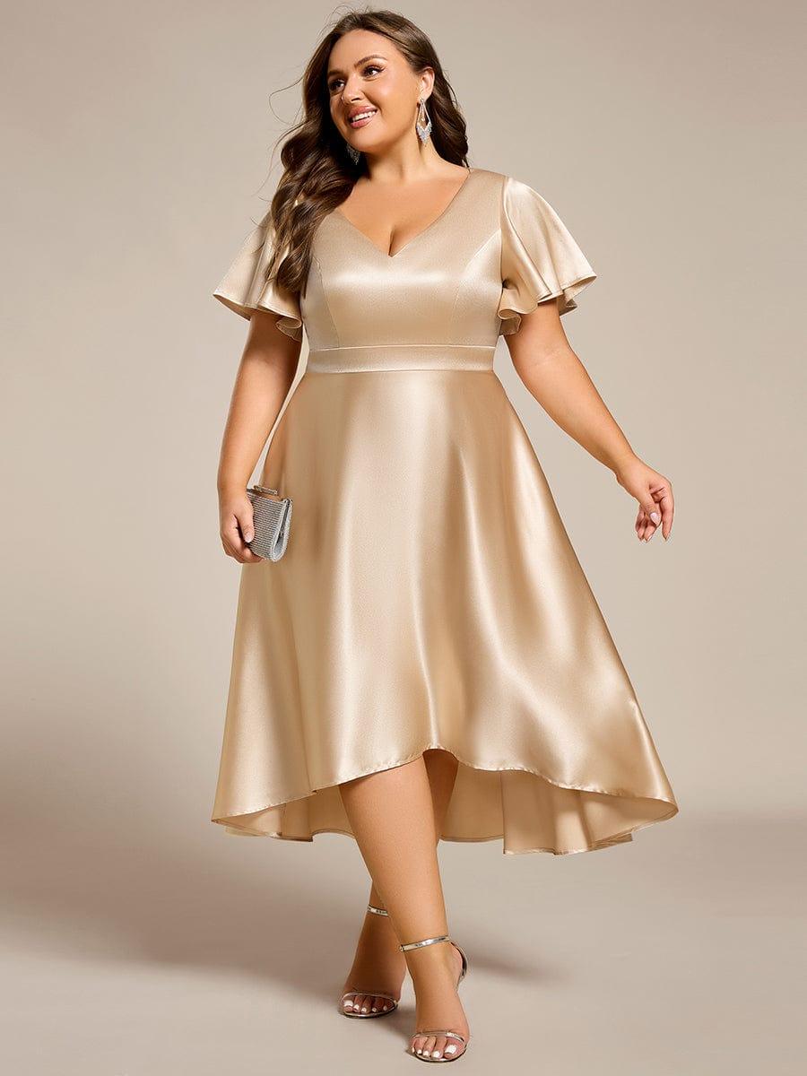 Decent Plus Size A-Line V-Neck Satin Wedding Guest Dress with Pockets