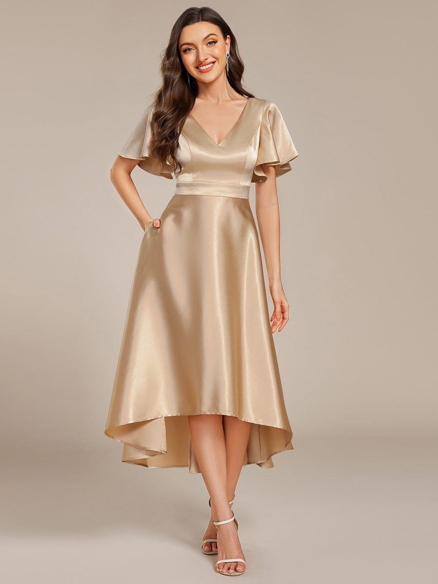 Dignified V-Neck Hi-Lo A-Line Satin Wedding Guest Dress with Pockets