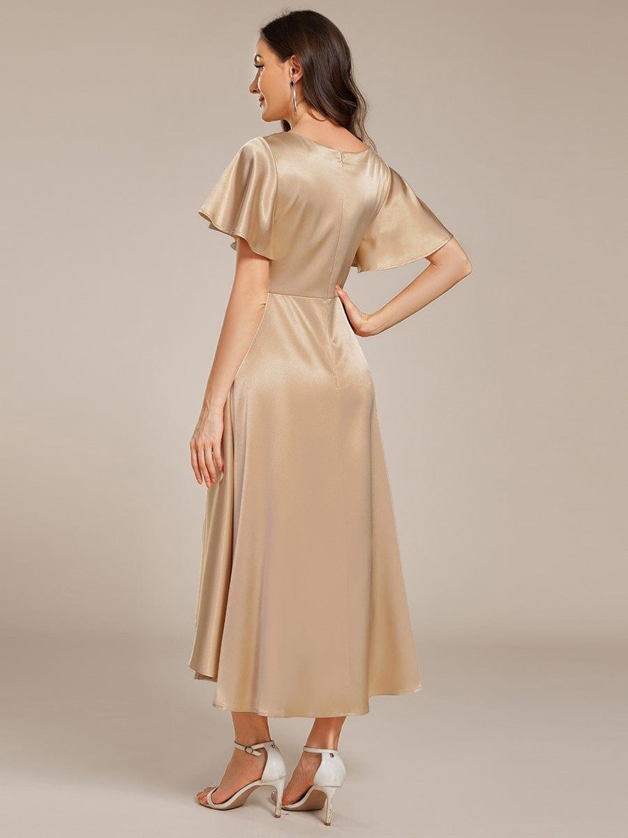 Dignified V-Neck Hi-Lo A-Line Satin Wedding Guest Dress with Pockets