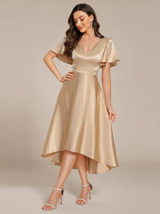 Dignified V-Neck Hi-Lo A-Line Satin Wedding Guest Dress with Pockets