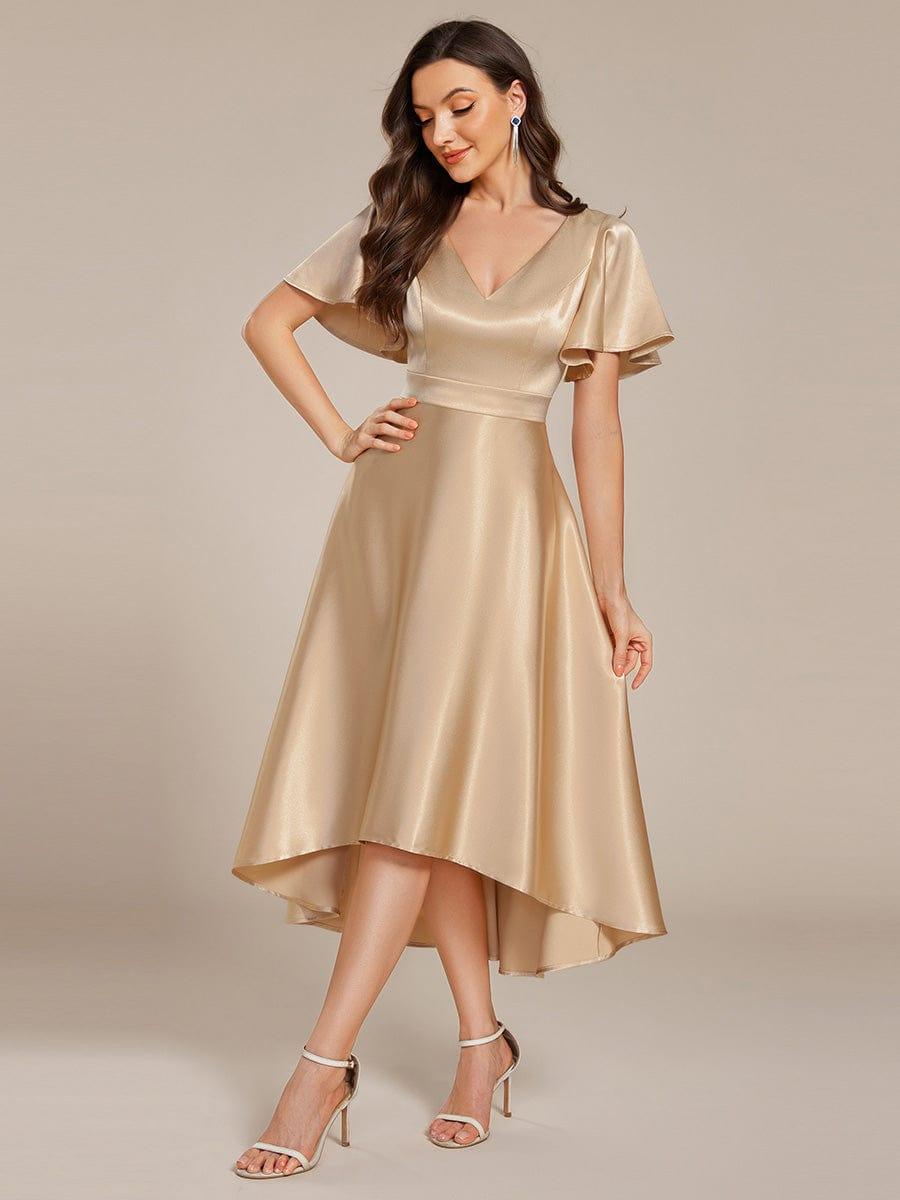 Dignified V-Neck Hi-Lo A-Line Satin Wedding Guest Dress with Pockets