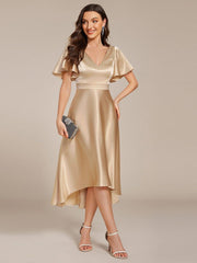 Dignified V-Neck Hi-Lo A-Line Satin Wedding Guest Dress with Pockets