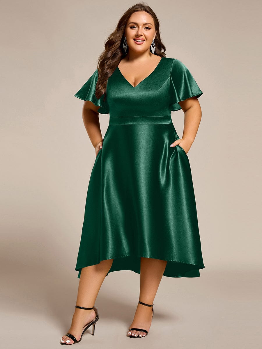 Dignified V-Neck Hi-Lo A-Line Satin Wedding Guest Dress with Pockets