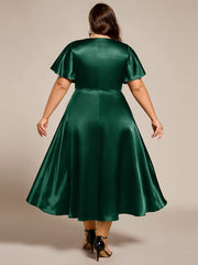 Dignified V-Neck Hi-Lo A-Line Satin Wedding Guest Dress with Pockets