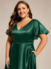 Dignified V-Neck Hi-Lo A-Line Satin Wedding Guest Dress with Pockets