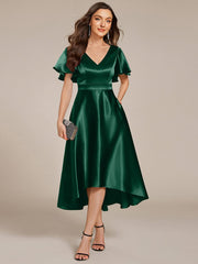 Dignified V-Neck Hi-Lo A-Line Satin Wedding Guest Dress with Pockets
