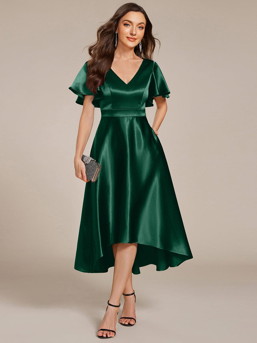 Dignified V-Neck Hi-Lo A-Line Satin Wedding Guest Dress with Pockets