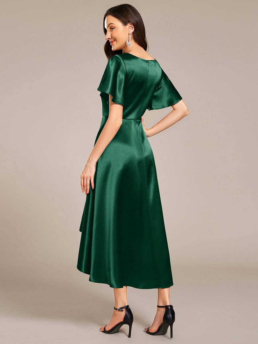 Dignified V-Neck Hi-Lo A-Line Satin Wedding Guest Dress with Pockets