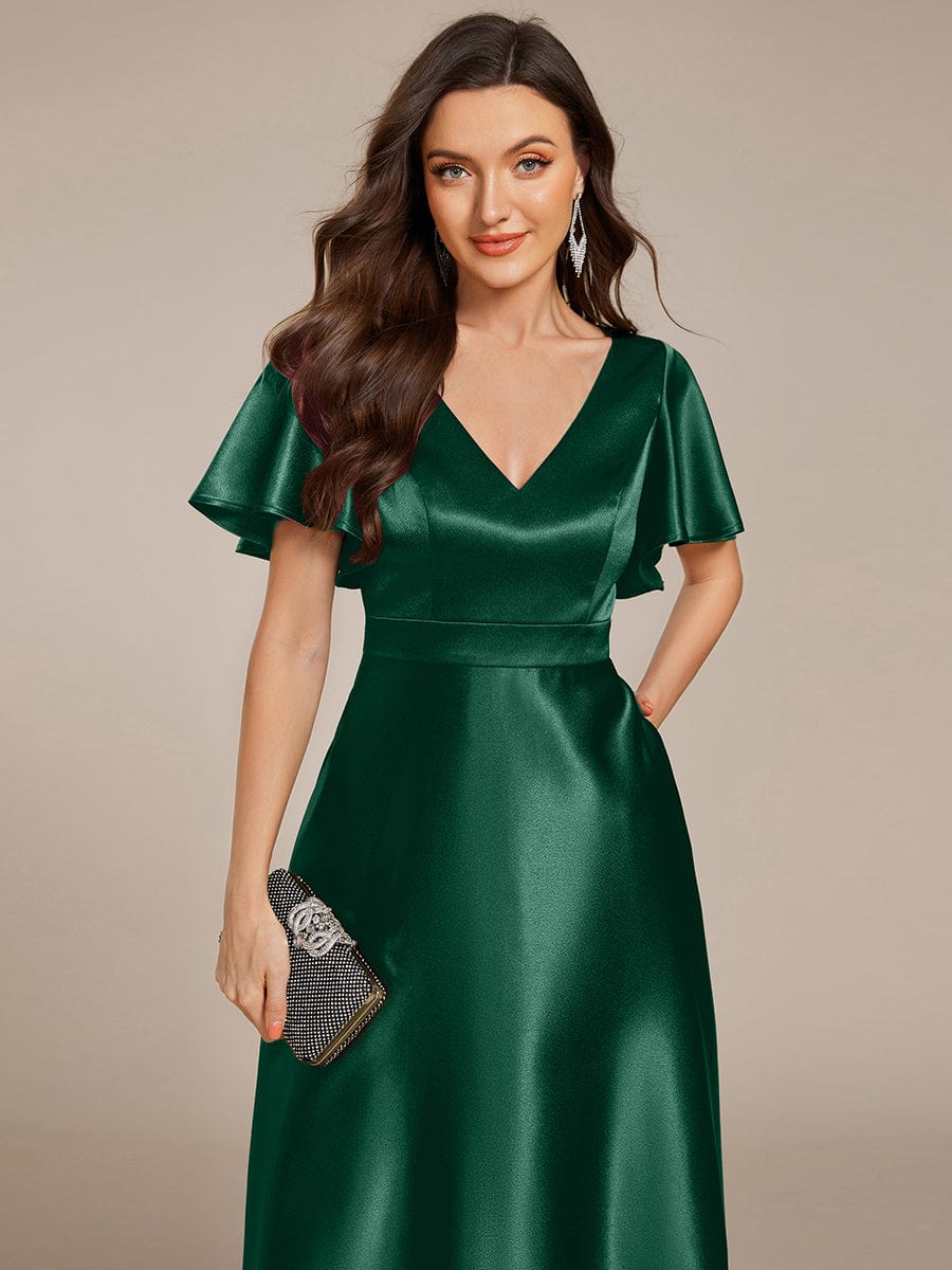 Dignified V-Neck Hi-Lo A-Line Satin Wedding Guest Dress with Pockets