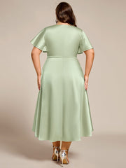 Dignified V-Neck Hi-Lo A-Line Satin Wedding Guest Dress with Pockets