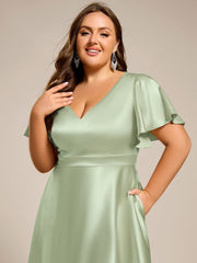 Dignified V-Neck Hi-Lo A-Line Satin Wedding Guest Dress with Pockets