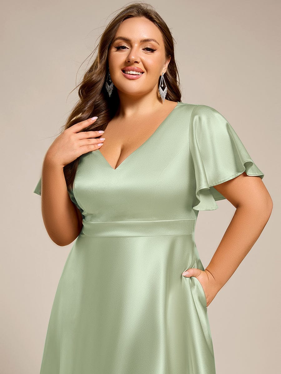 Dignified V-Neck Hi-Lo A-Line Satin Wedding Guest Dress with Pockets