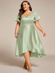 Dignified V-Neck Hi-Lo A-Line Satin Wedding Guest Dress with Pockets
