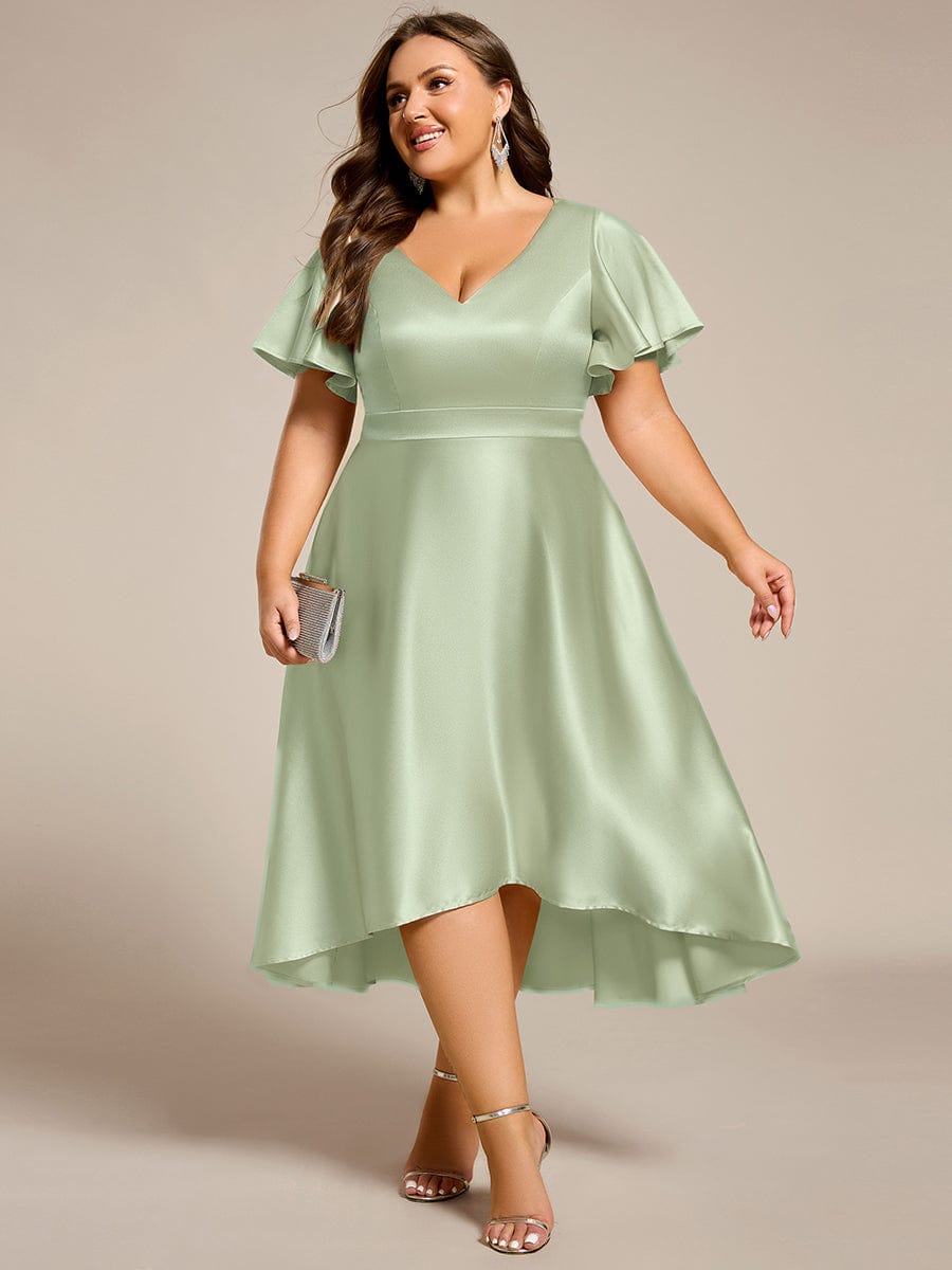 Dignified V-Neck Hi-Lo A-Line Satin Wedding Guest Dress with Pockets